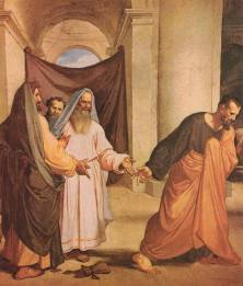 Judas Iscariot and the chief priests and elders at the temple, their money on the floor.